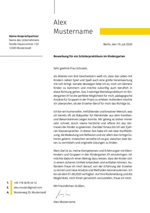 Bewerbung Schülerpraktikum 9. Klasse Muster Word Anschreiben fürs Schülerpraktikum: Muster für die Bewerbung