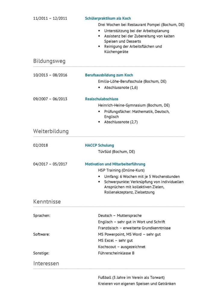 Lebenslauf Koch / Köchin » Muster & Vorlage