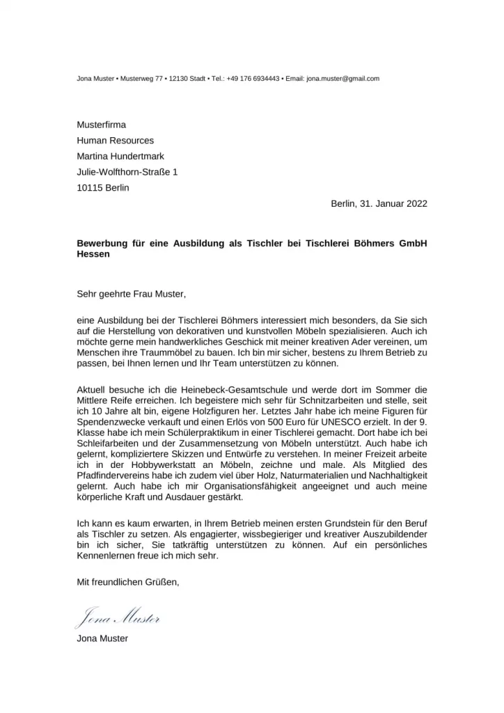 Bewerbungsschreiben Ausbildung Tischler