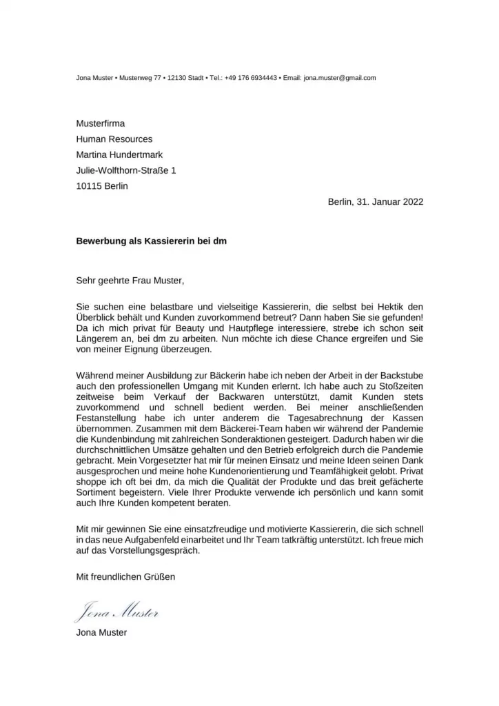 Bewerbungsschreiben ohne Erfahrung Kassiererin