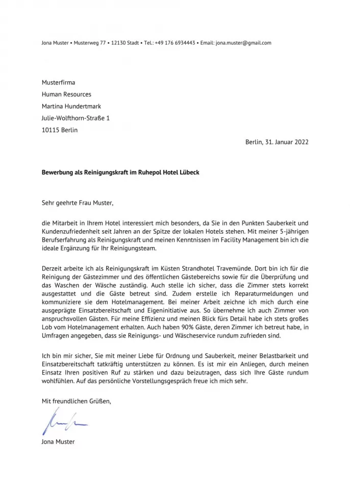 Bewerbungsvorlage Reinigungskraft