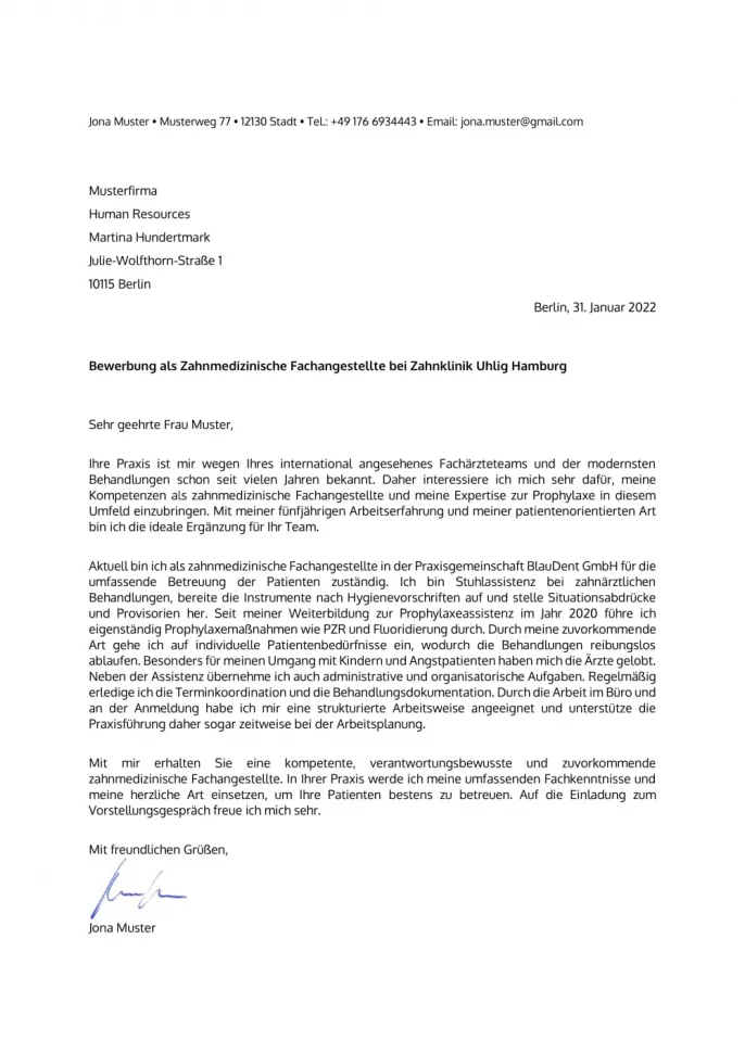 Bewerbungsvorlage Zahnmedizinische Fachangestellte / Zahnarzthelferin