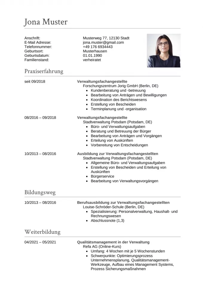 Lebenslauf Verwaltungsfachangestellte / Verwaltungsfachangestellter
